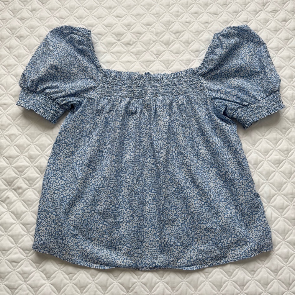 J Crew Liberty Jacqueline's Blossom Floral Blue Smocked Puff Sleeve Top Size M